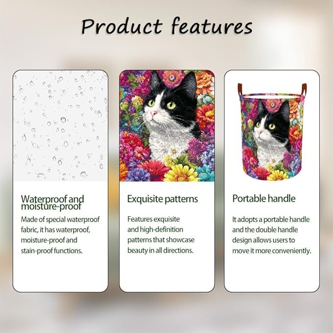 Laundry Baskets 15.7x19.7 Inch Large Cat Floral Garden Design Collapsible - Image 2