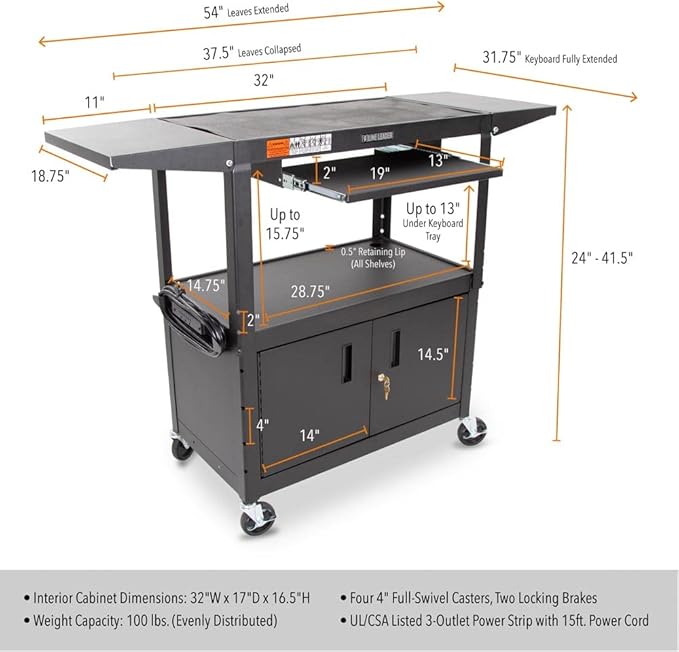 Line Leader Large AV Cart with Locking Cabinet & Drop Leaves, Rolling Height - Image 3
