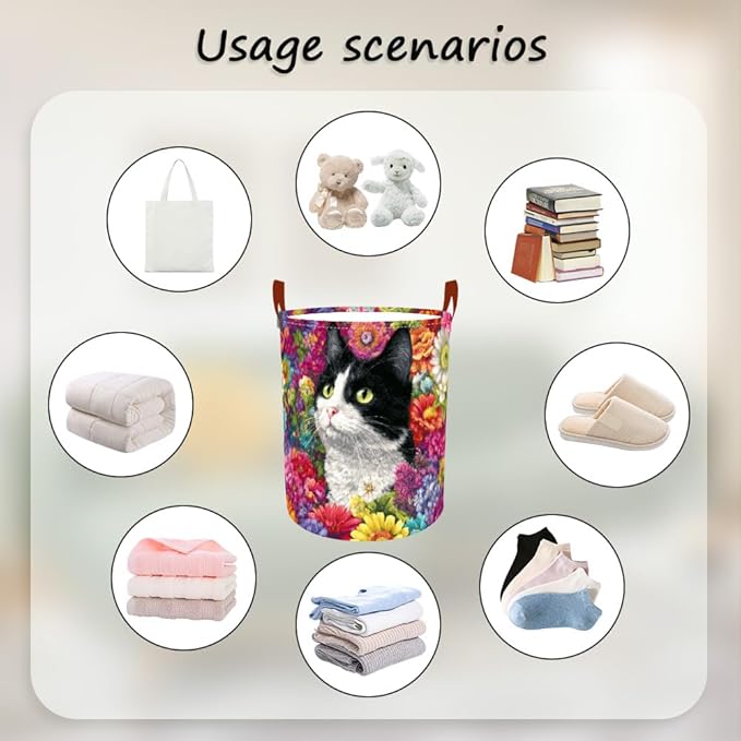 Laundry Baskets 15.7x19.7 Inch Large Cat Floral Garden Design Collapsible - Image 4
