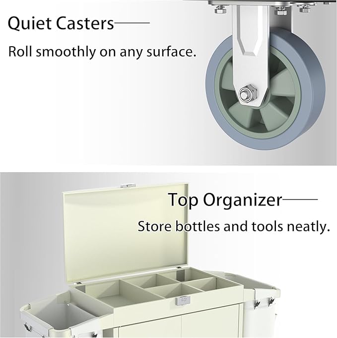 Heavy Duty Metal Housekeeping Janitorial Cart, Silent Casters, Locking Large - Image 7