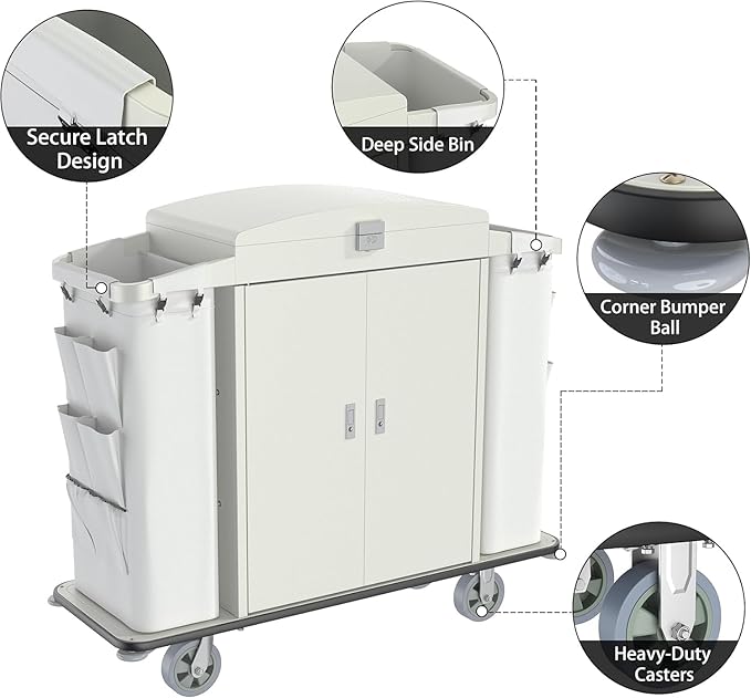Heavy Duty Metal Housekeeping Janitorial Cart, Silent Casters, Locking Large - Image 6