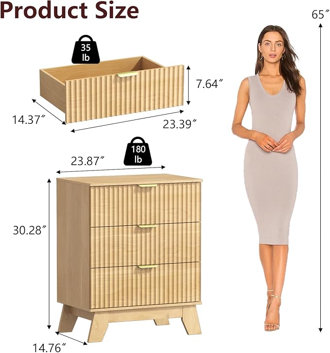 Fluted Dresser for Bedroom, 3 Drawer Dresser for Closet, Storage Cabinet and - Image 2