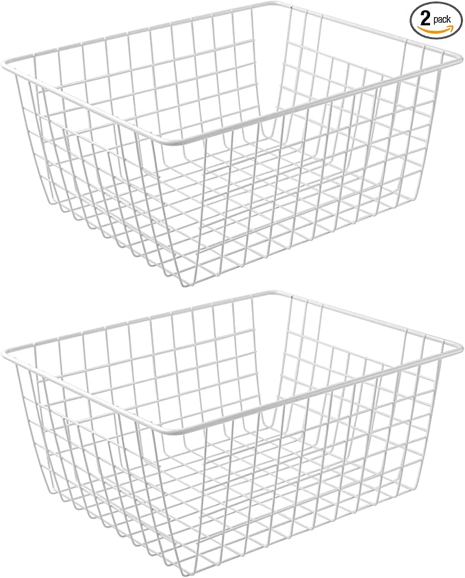 14" Upright Freezer Storage Baskets, Large White Wire Storage Bins Bakset by Brightalk