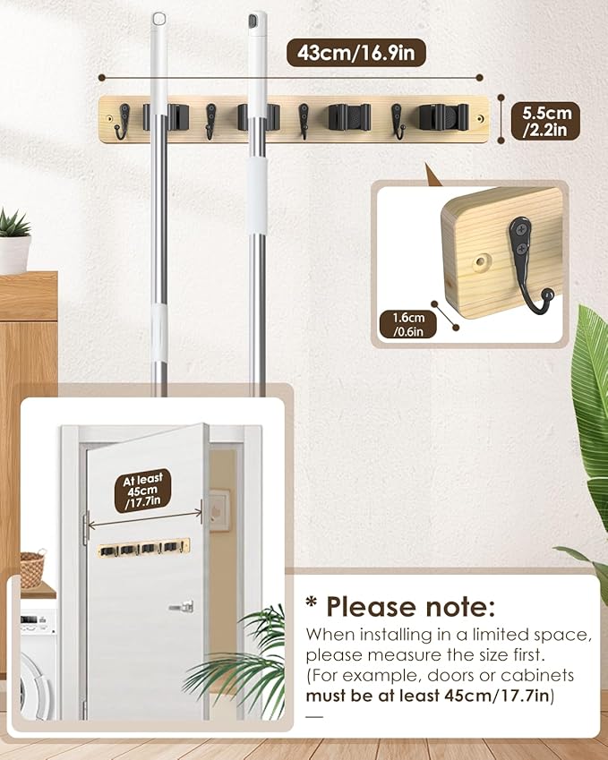 Broom Holder Wall Mounted, Light Wood 4 Holders and 4 Hooks Mop Holder - Image 4