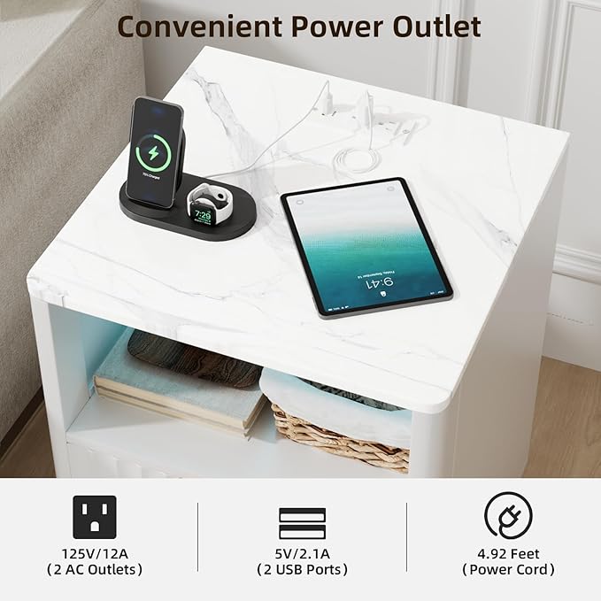 VOWNER Fluted Nightstand with Charging Station, 18” Night Stand with 2 Drawers - Image 3