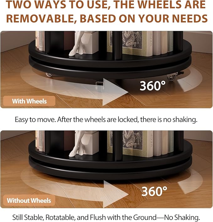 Solid Wood Rotating Bookshelf on Wheels, 5 Tier, Round Revolving Bookcase - Image 5