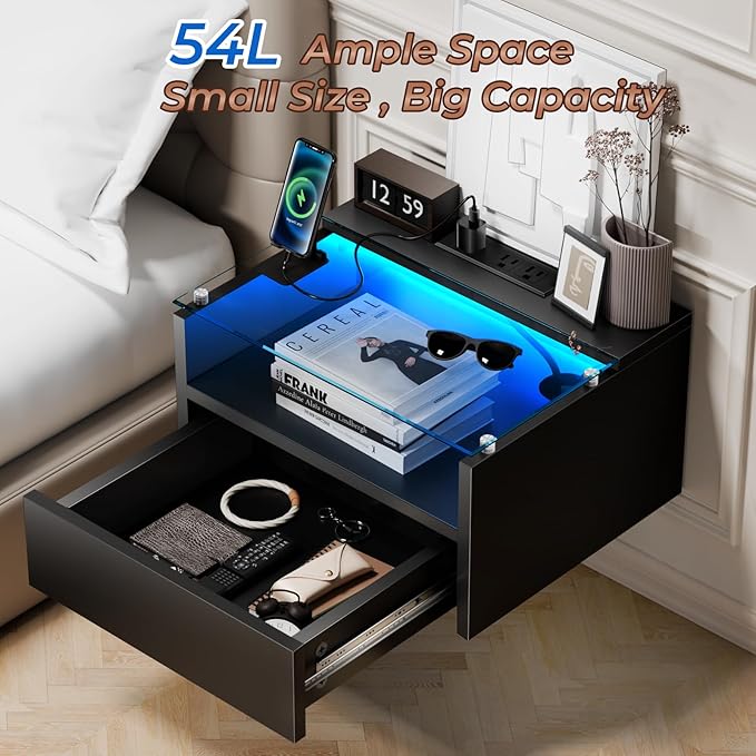 Loomie Black Floating Nightstands Set of 2, 18.9” Bedside Table w/Charging - Image 7