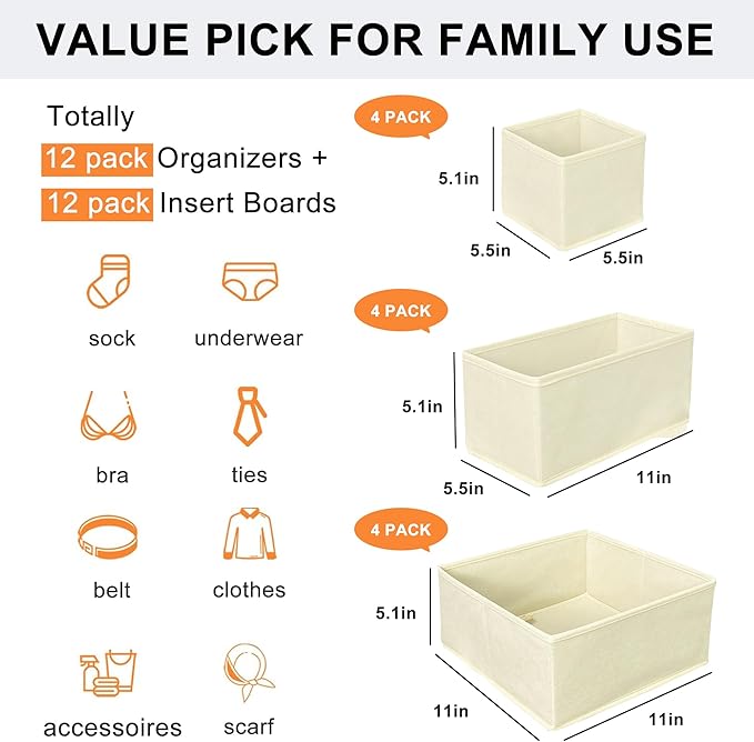Clothes Organizer, Storage Drawer, 12 Piece Fabric Drawer Organizer Foldable - Image 2