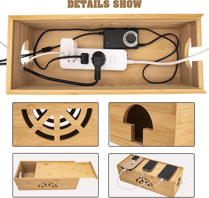 Cable Management Box, Cord Organizer Box, Bamboo Cable Organizer Box - Image 3