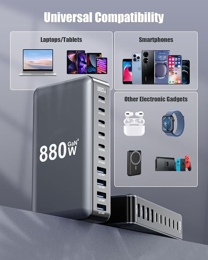 880W USB C Charger Block, 8-Port USB C Charging Station GaN IV Travel - Image 3