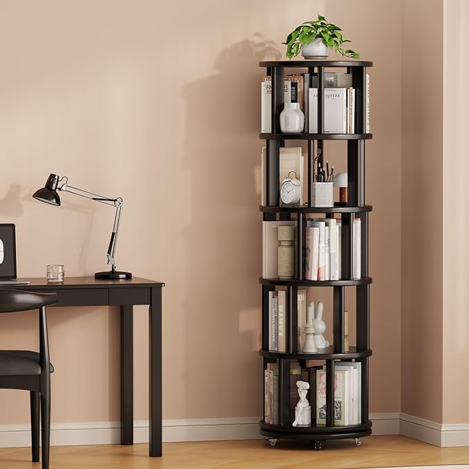 Solid Wood Rotating Bookshelf on Wheels, 5 Tier, Round Revolving Bookcase - Image 9
