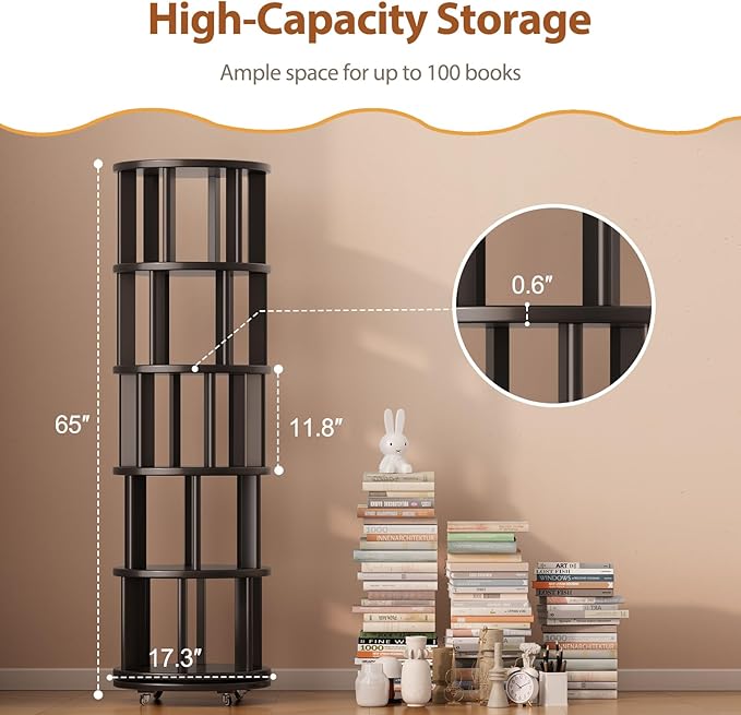 Solid Wood Rotating Bookshelf on Wheels, 5 Tier, Round Revolving Bookcase - Image 2