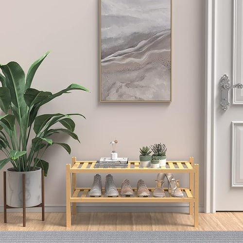 (Thick Bamboo Shoe Rack for Entryway, 2-Tier Free Standing Shoe Racks Stackable - Image 2