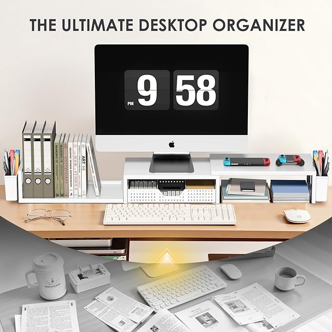 OPNICE White Dual Monitor Stand Riser, Metal Desk Organizers and Accessories - Image 5