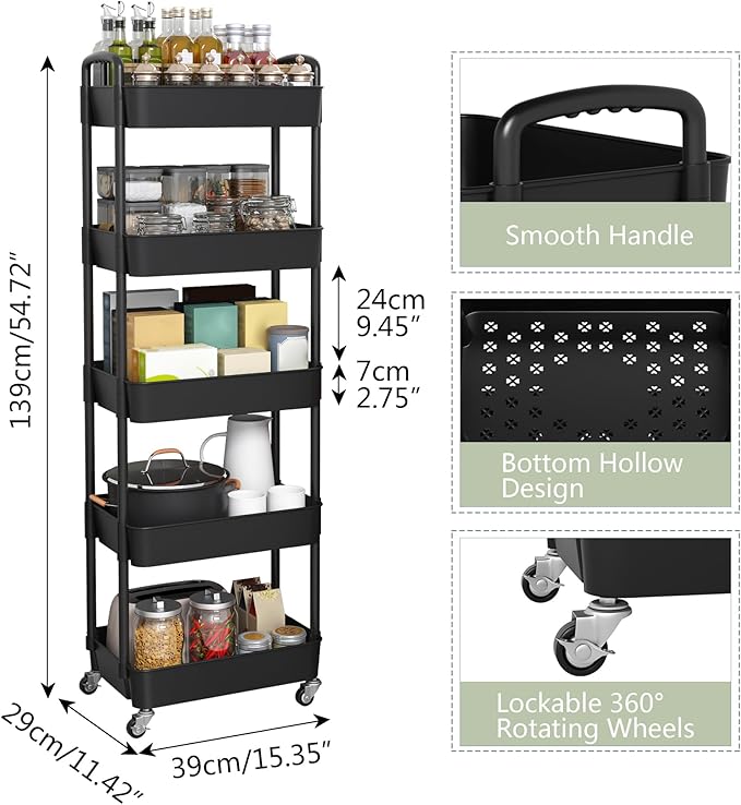 Sywhitta 5-Tier Plastic Rolling Utility Cart - Image 3