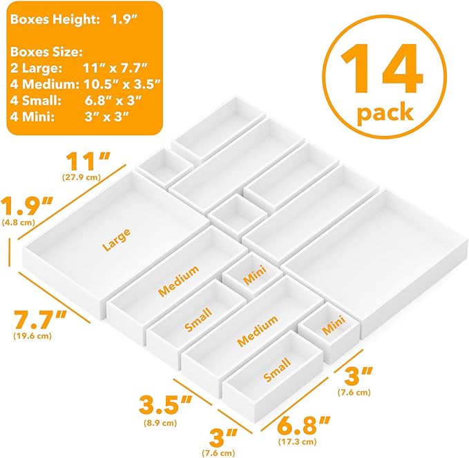 SpaceAid 14-Piece Bamboo Drawer Organizer Storage Boxes Set, Wood Tray Junk - Image 3