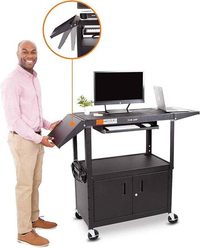 Line Leader Large AV Cart with Locking Cabinet & Drop Leaves, Rolling Height - Image 9