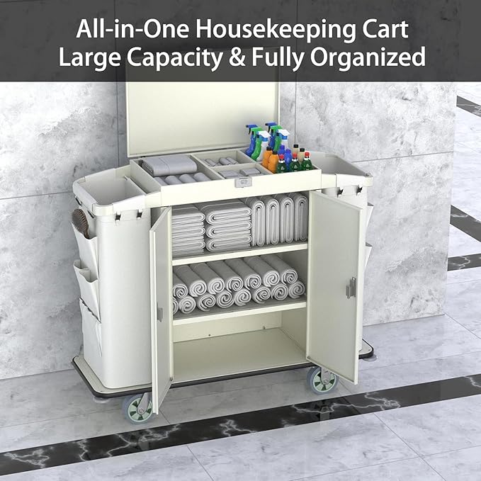 Heavy Duty Metal Housekeeping Janitorial Cart, Silent Casters, Locking Large - Image 4
