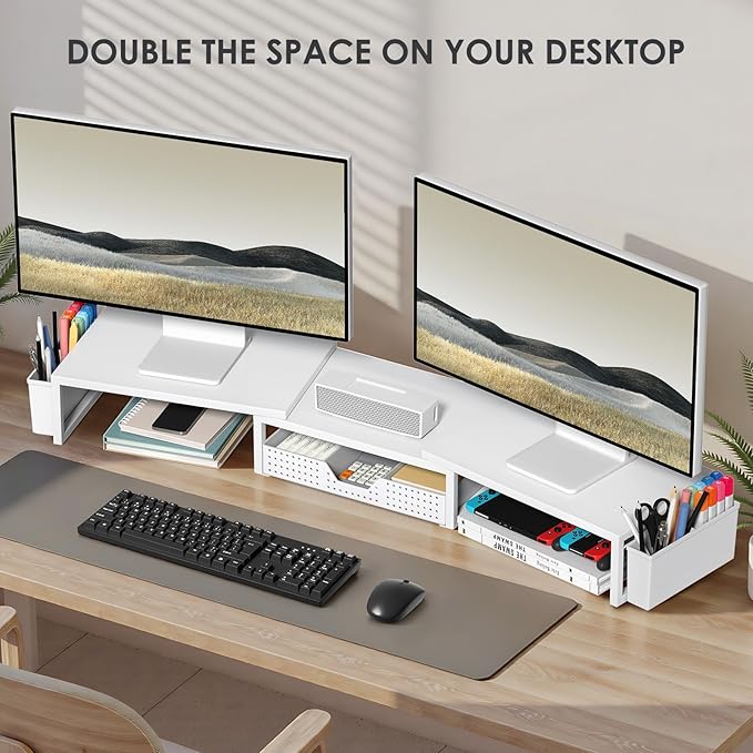 OPNICE White Dual Monitor Stand Riser, Metal Desk Organizers and Accessories - Image 4