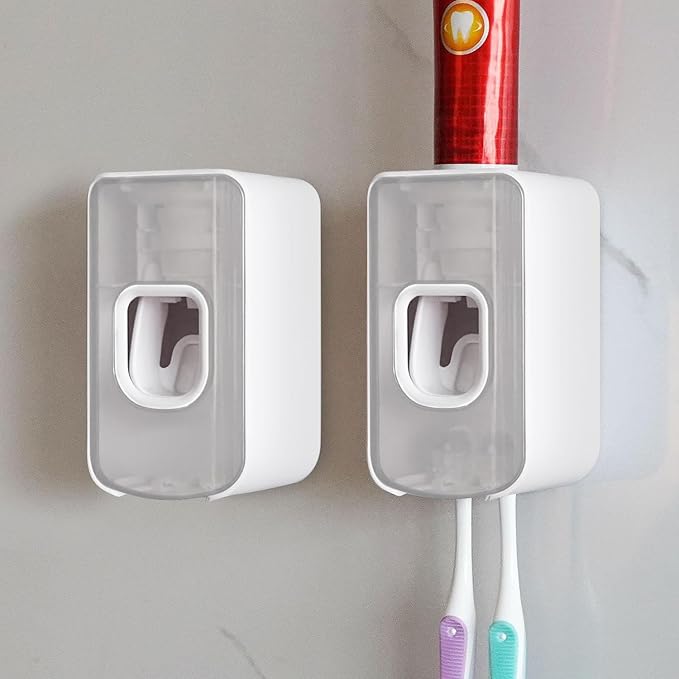 2 Slot Toothbrush Holder and Toothpaste Dispenser Wall Mounted, Automatic by LUEXBOX