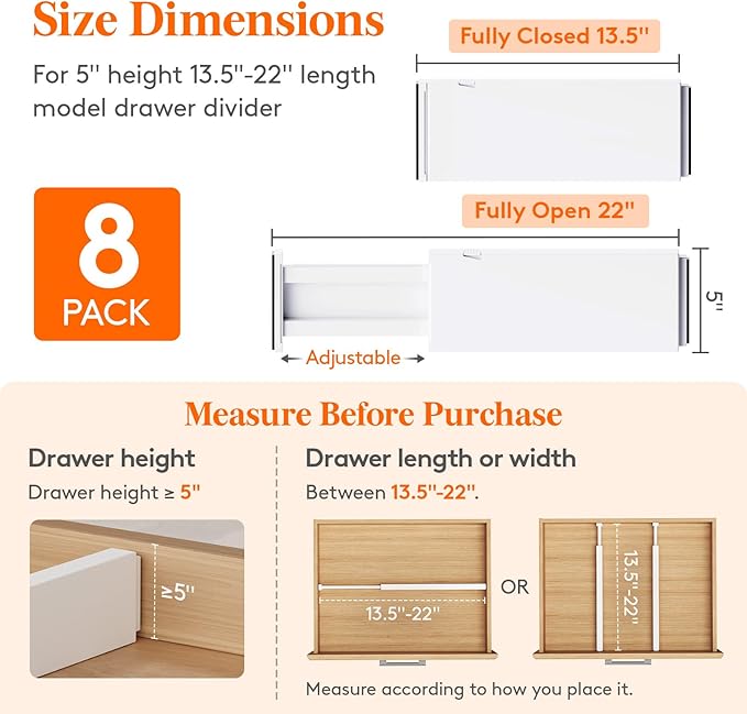 Lifewit 8 Pack Drawer Dividers 5" High, 13.5-22" Adjustable Clothes Organizers - Image 2
