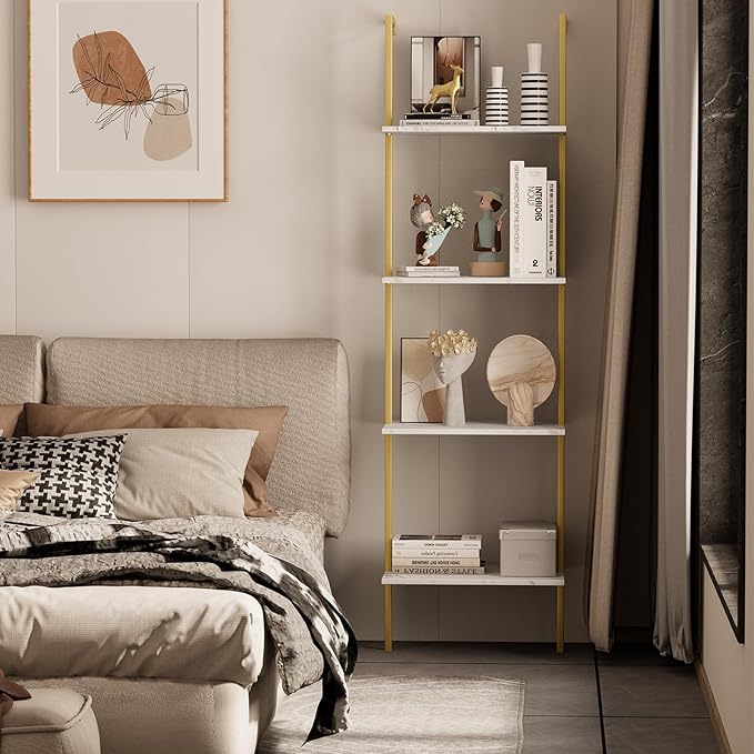 Ladder Shelf 4 Tiers Metal Industrial Bookshelf, Wall Mount Wide Book Case - Image 8