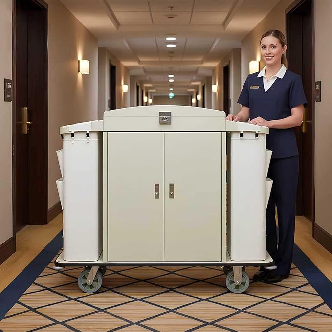 Heavy Duty Metal Housekeeping Janitorial Cart, Silent Casters, Locking Large - Image 2