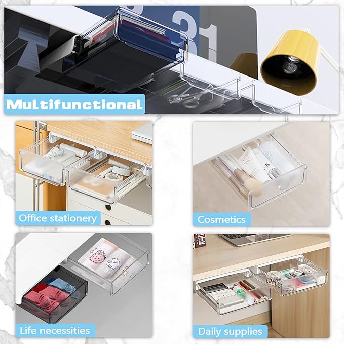 Self-adhesive Under Desk Drawer Organizer, 2 Pack Table Hidden Slide Out Large - Image 2