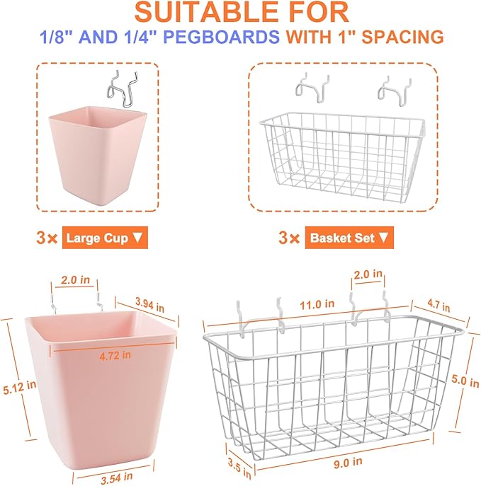 Pegboard Basket Organizers, Peg Board Large Baskets Hooks Bins Cups Tool - Image 3