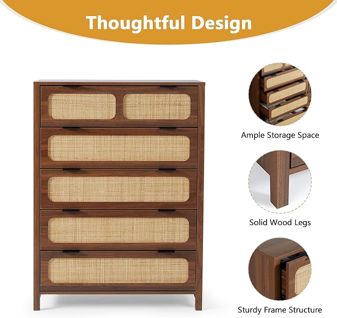 LEVNARY 5 Drawer Chest Dresser, Rattan Tall Dresser 5 Chest of Drawers Dressers - Image 4