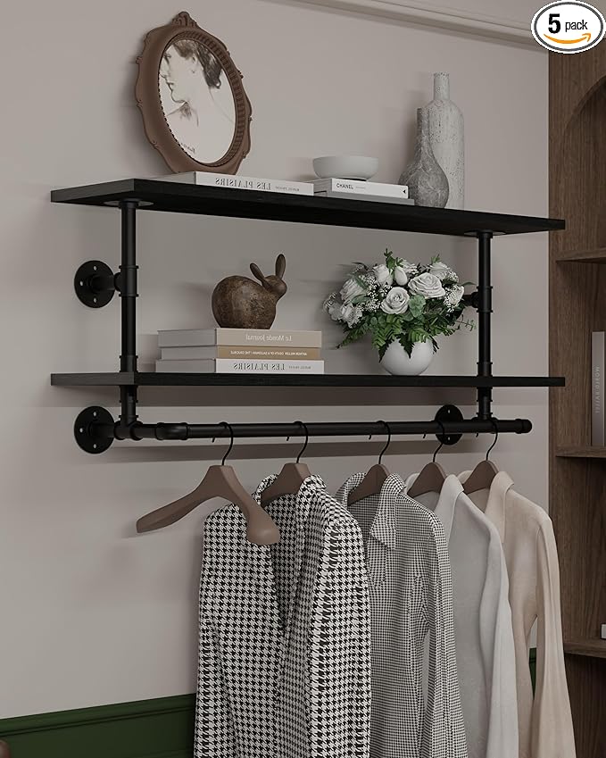 Black Clothes Rack 42in, 2-Tier Wall Mounted Garment Rack by INDUSTRIALSHELVESDESIGN