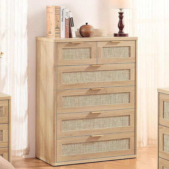LEYAOYAO Rattan Dresser for Bedroom Set of 2, Modern 6 Drawers Boho Dressers - Image 8