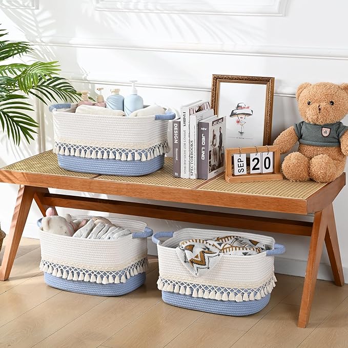3 Pack Storage Basket for Shelves, Boho Cotton Rope Storage Bins - Image 5