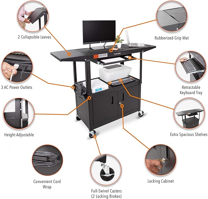 Line Leader Large AV Cart with Locking Cabinet & Drop Leaves, Rolling Height - Image 5