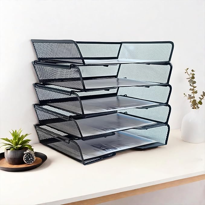 5 Tier Metal Mesh Desk Organizer-Stackable Letter Trays - Image 2