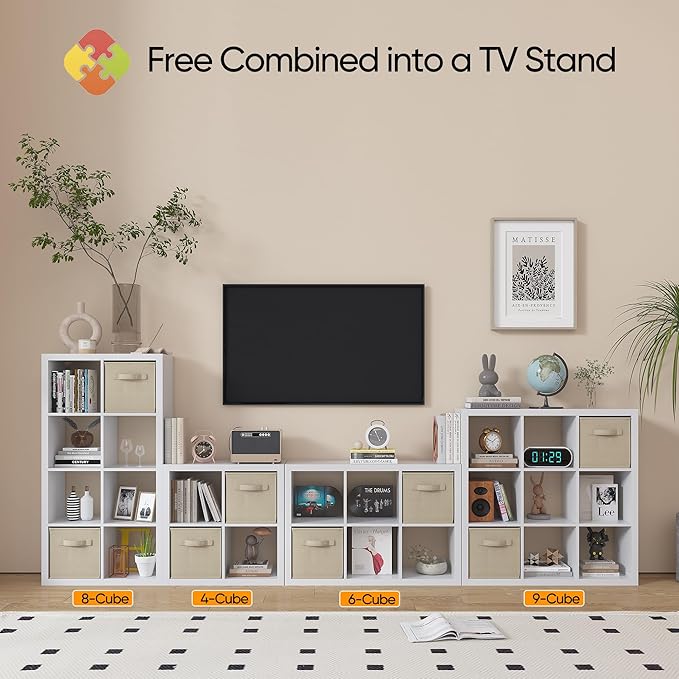 furtble Bookshelf with Storage Bin, 4-Cube Storage Organizer, Modern Wood Open - Image 5