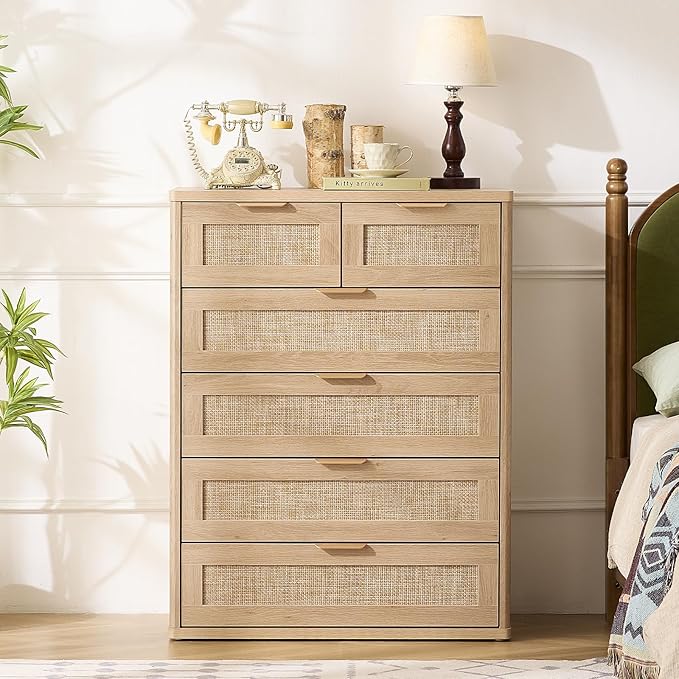 LEYAOYAO Rattan Dresser for Bedroom Set of 2, Modern 6 Drawers Boho Dressers - Image 6