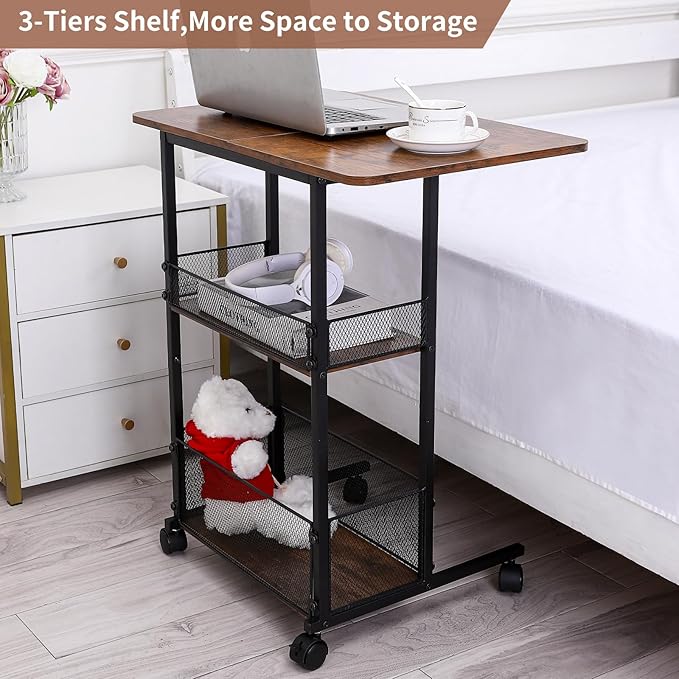 C Shaped End Table with Storage Shelf Basket, Small Couch Table with Wheels - Image 4