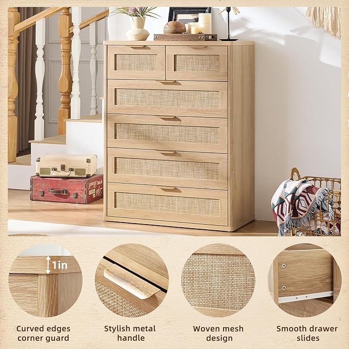 LEYAOYAO Rattan Dresser for Bedroom Set of 2, Modern 6 Drawers Boho Dressers - Image 4