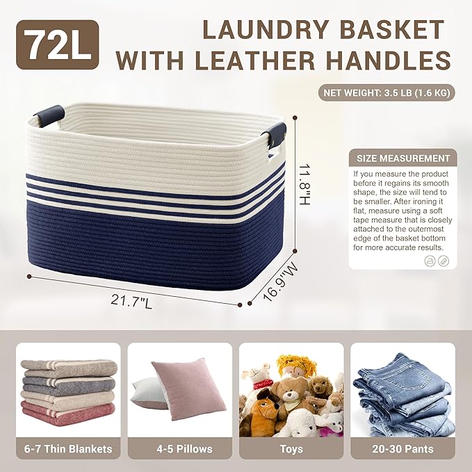 72L Large Laundry Basket with Leather Handles - Image 2
