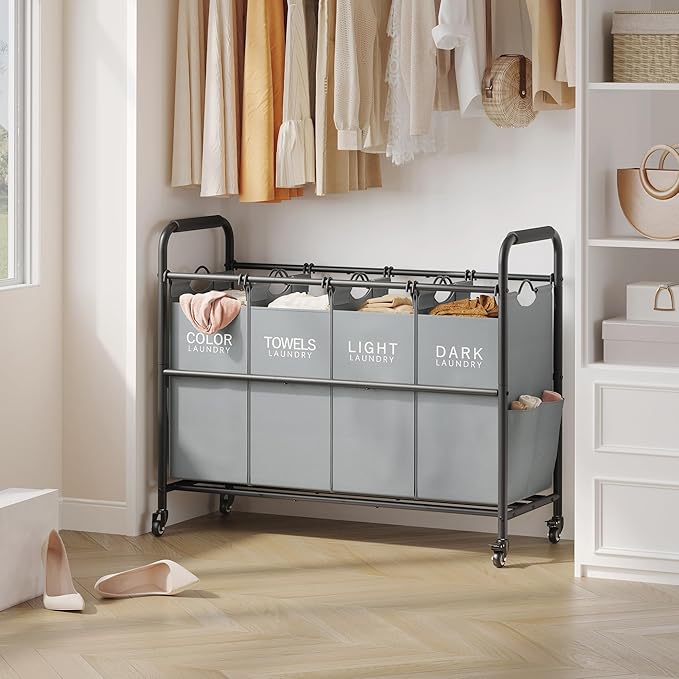 Tajsoon 4 Bag Laundry Sorter Cart, 4 Section Laundry Hamper Sorter - Image 6
