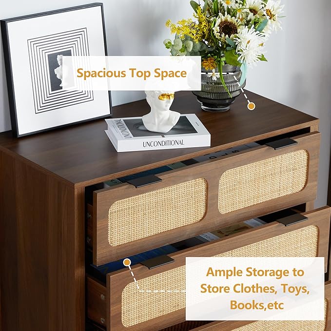 LEVNARY 5 Drawer Chest Dresser, Rattan Tall Dresser 5 Chest of Drawers Dressers - Image 5