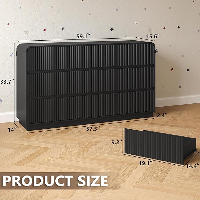 Dresser for Bedroom with 9 Drawers, Fluted Chest of Drawers with Round Curved - Image 2
